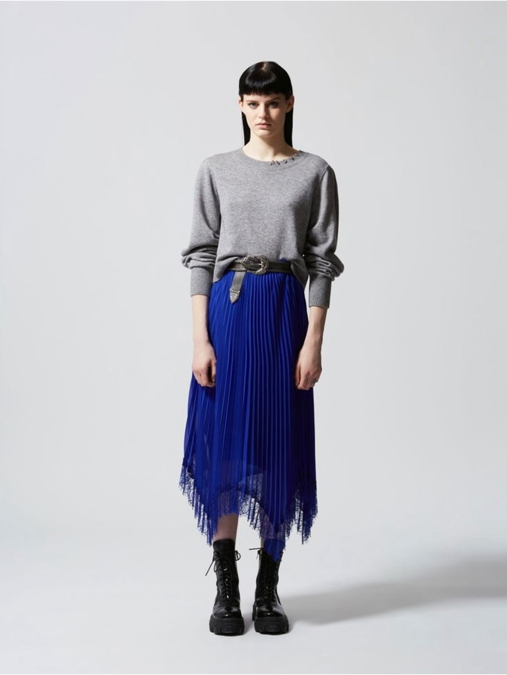 [NWT] $285 The Kooples Blue Pleated Asymmetrical Midi Skirt with Lace trim.